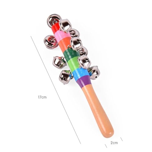 Dicanence 2 Pack Vivid Color Rainbow Handle Wooden Bells Jingle Stick Shaker Rattle 10 Jingle Bells Interactive Musical Bell - Image 4