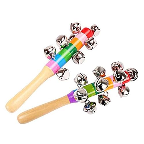Dicanence 2 Pack Vivid Color Rainbow Handle Wooden Bells Jingle Stick Shaker Rattle 10 Jingle Bells Interactive Musical Bell - Image 1