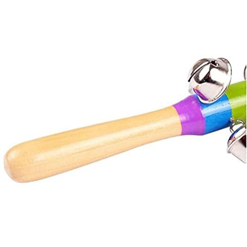 Dicanence 2 Pack Vivid Color Rainbow Handle Wooden Bells Jingle Stick Shaker Rattle 10 Jingle Bells Interactive Musical Bell - Image 5