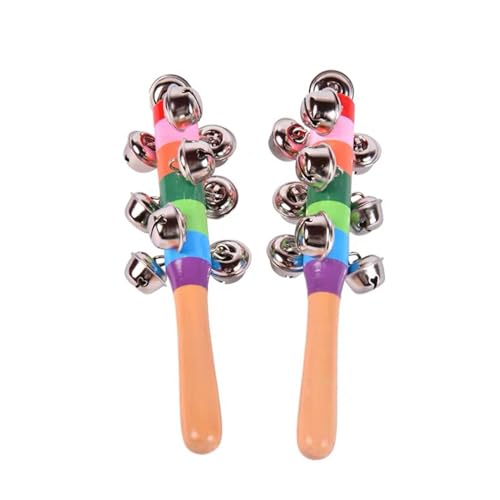 Dicanence 2 Pack Vivid Color Rainbow Handle Wooden Bells Jingle Stick Shaker Rattle 10 Jingle Bells Interactive Musical Bell - Image 2