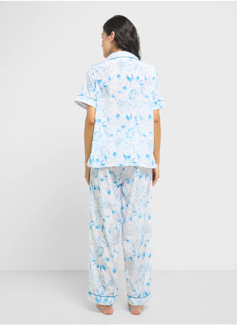 جينجر Floral Print Shirt & Pyjama  Set