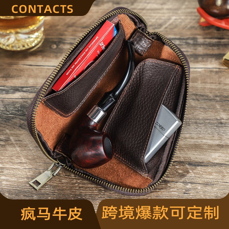 حقيبة أنبوب التبغ الجلدية المحمولة من جلد البقر المجفف العتيق الجديدة - Image 2