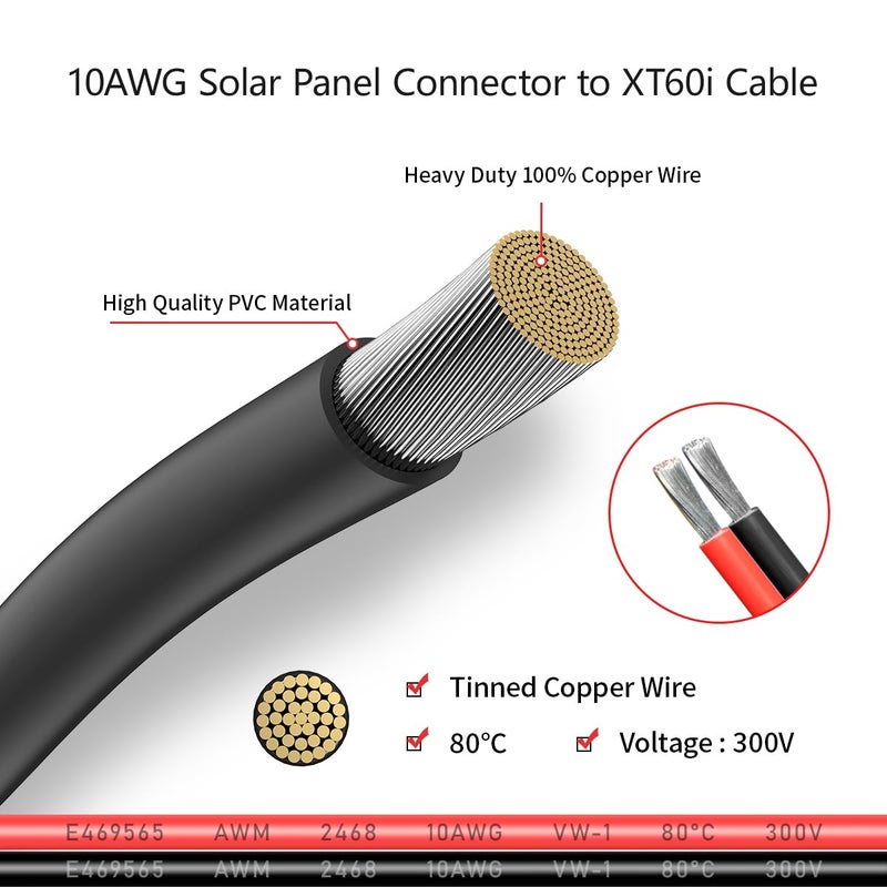 ELFCULB 10AWG 2FT Solar to XT60i Cable 2 10 25 35 50 75 100FT Solar Connector to XT60i Adapter Cable for Portable Power Station (2FT) - Image 4