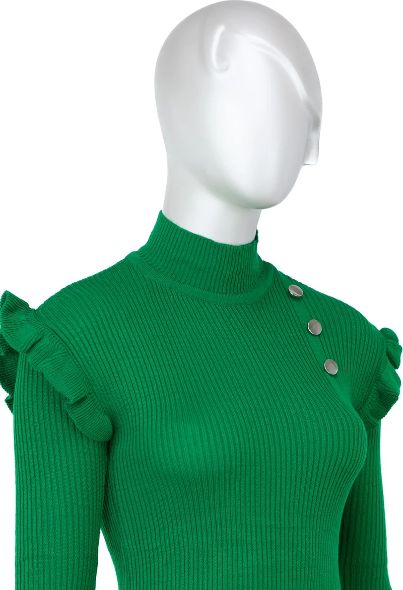 اوبلاند Women's Winter Sleeves Stylish Button Detailed Half Collar Ruffled Shoulders Long Sleeve Fitted Lycra Knitted Knitwear Badi Sweater