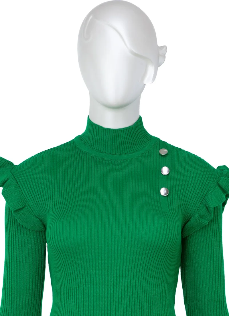 اوبلاند Women's Winter Sleeves Stylish Button Detailed Half Collar Ruffled Shoulders Long Sleeve Fitted Lycra Knitted Knitwear Badi Sweater