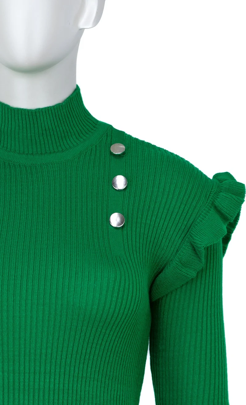 اوبلاند Women's Winter Sleeves Stylish Button Detailed Half Collar Ruffled Shoulders Long Sleeve Fitted Lycra Knitted Knitwear Badi Sweater