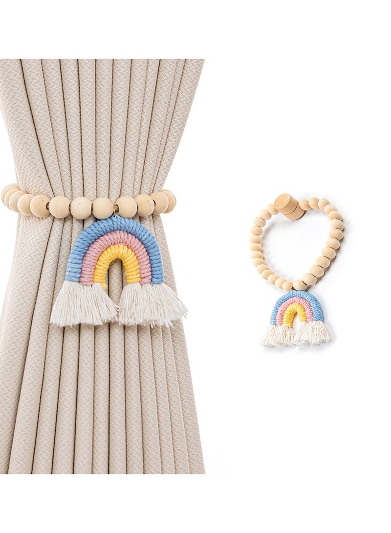 1 Pieces Wooden Beaded Curtain Tiebacks,Tassel Curtain Buckles Magnetic Curtain Buckles,Rainbow Tassel Curtain Tiebacks No Punch Decoration (Blue) - Image 1