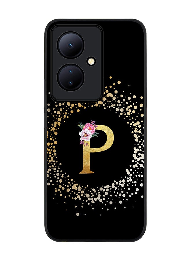 Stylizedd Rugged Black edge case for Vivo V29 Lite, Slim fit Thin Cover- Custom Monogram Initial Letter Floral Pattern Alphabet- P (Black) - Image 1