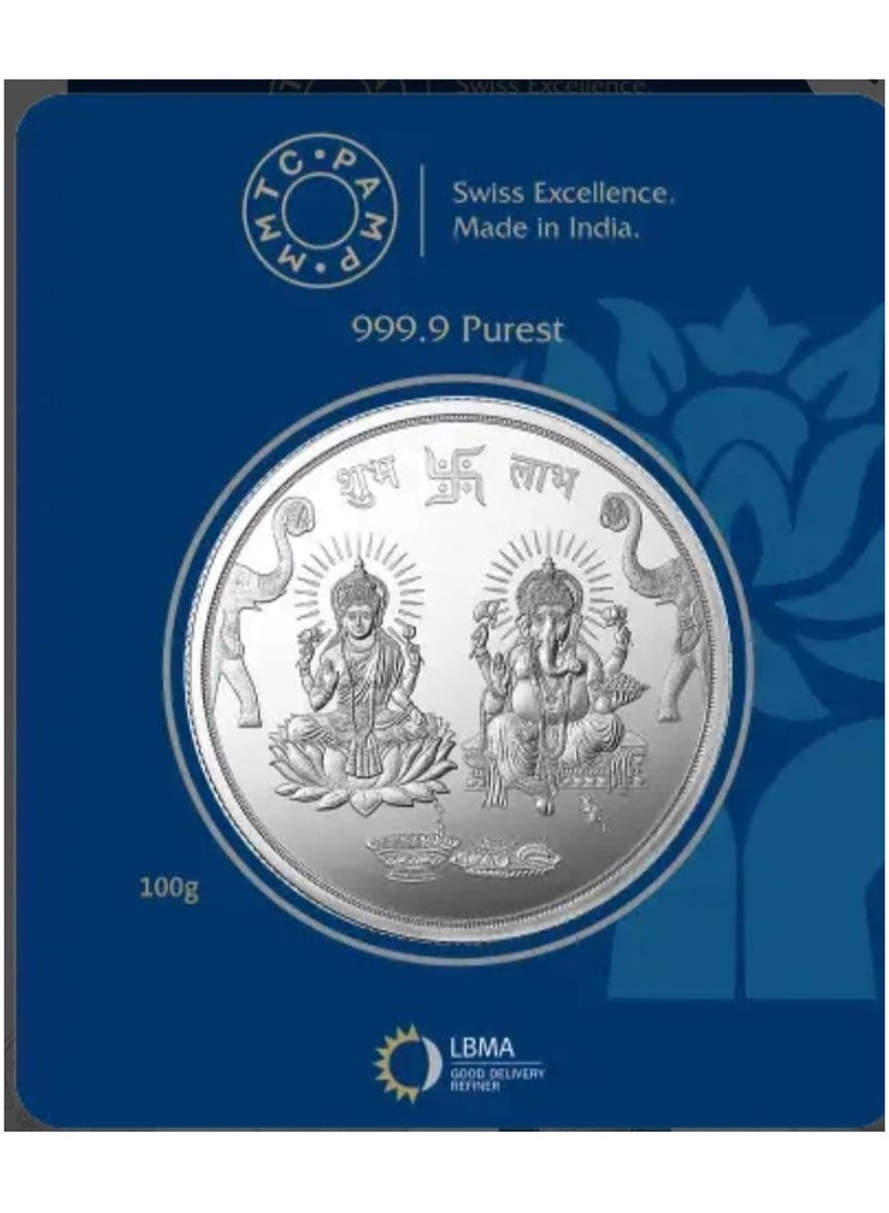 MMTC-PAMP PAMP-MMTC 999.9 FINE PURE SILVER COIN WITH LAKSHMI GANESHA & SHUBH LABH-100G - Image 1