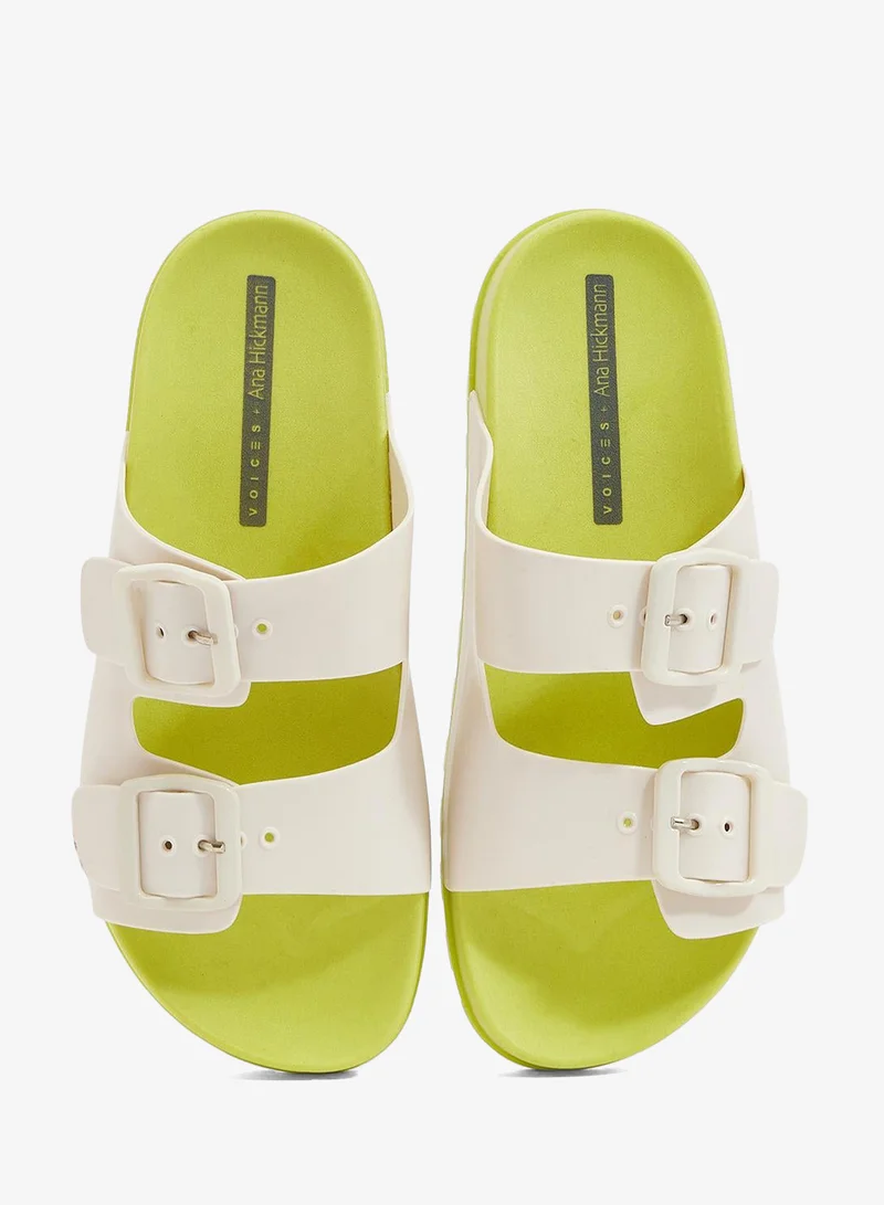 Voices Lime-Off White-Off White Folk Women'S Birken Style Sandal With Adjustable Strap - Yellow/White for Women | Best Price UAE