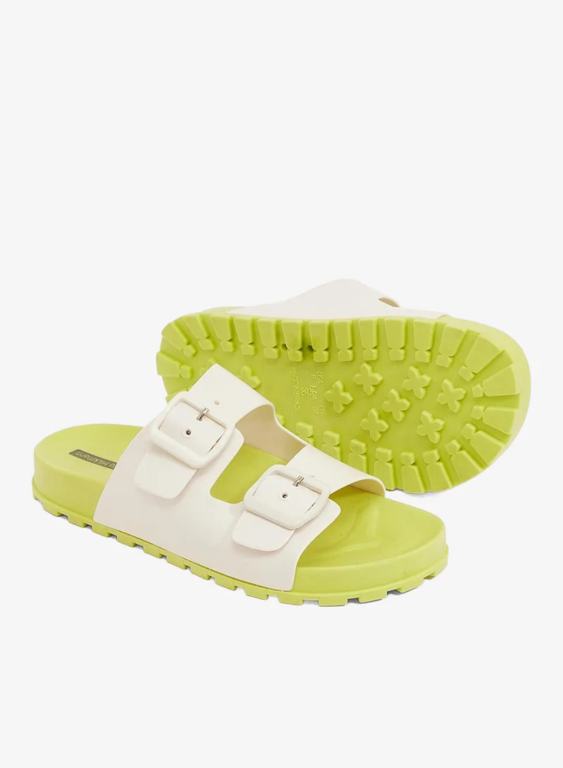 Voices Lime-Off White-Off White Folk Women'S Birken Style Sandal With Adjustable Strap - Yellow/White for Women | Best Price UAE