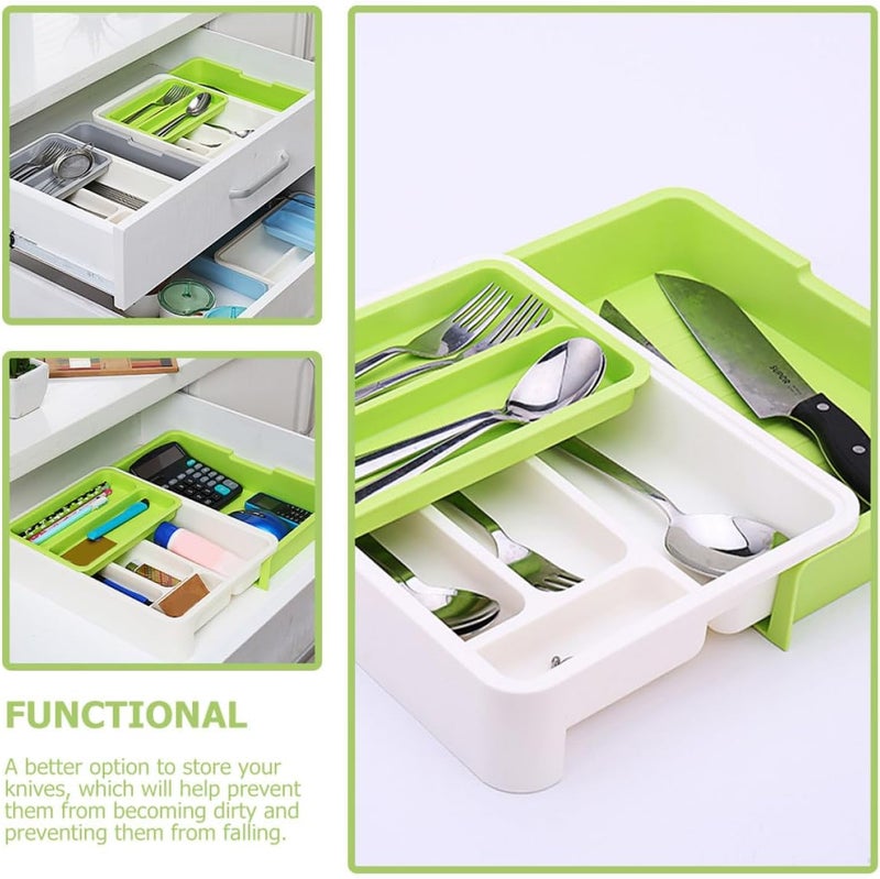 Multi-grid Plastic Utensil Holder with Divider, Multifunctional Cutlery Organizer Tray for Kitchen Drawer, Green-white Flatware Storage Box for Home Use - Image 4