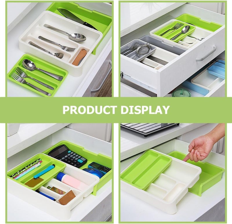 Multi-grid Plastic Utensil Holder with Divider, Multifunctional Cutlery Organizer Tray for Kitchen Drawer, Green-white Flatware Storage Box for Home Use - Image 5