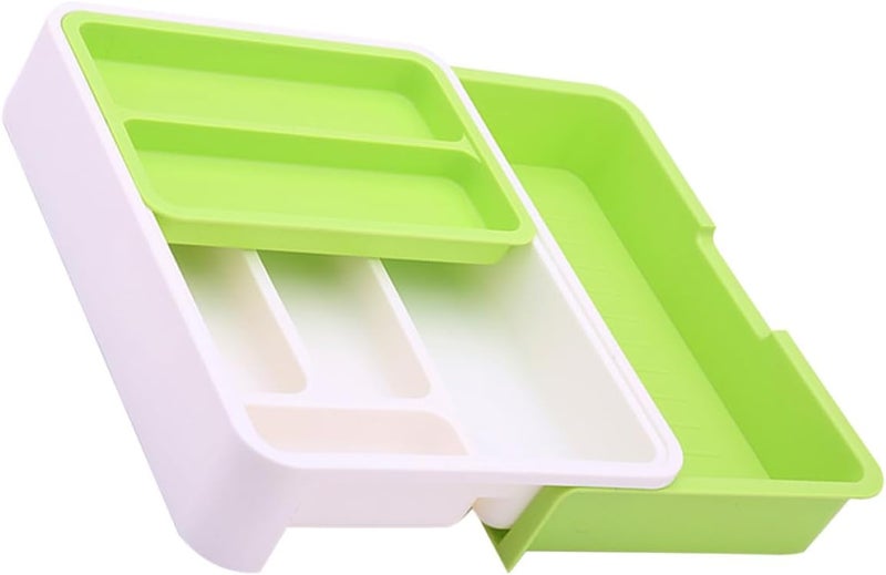 Multi-grid Plastic Utensil Holder with Divider, Multifunctional Cutlery Organizer Tray for Kitchen Drawer, Green-white Flatware Storage Box for Home Use - Image 1