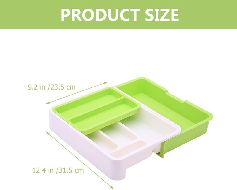 Multi-grid Plastic Utensil Holder with Divider, Multifunctional Cutlery Organizer Tray for Kitchen Drawer, Green-white Flatware Storage Box for Home Use - Image 2
