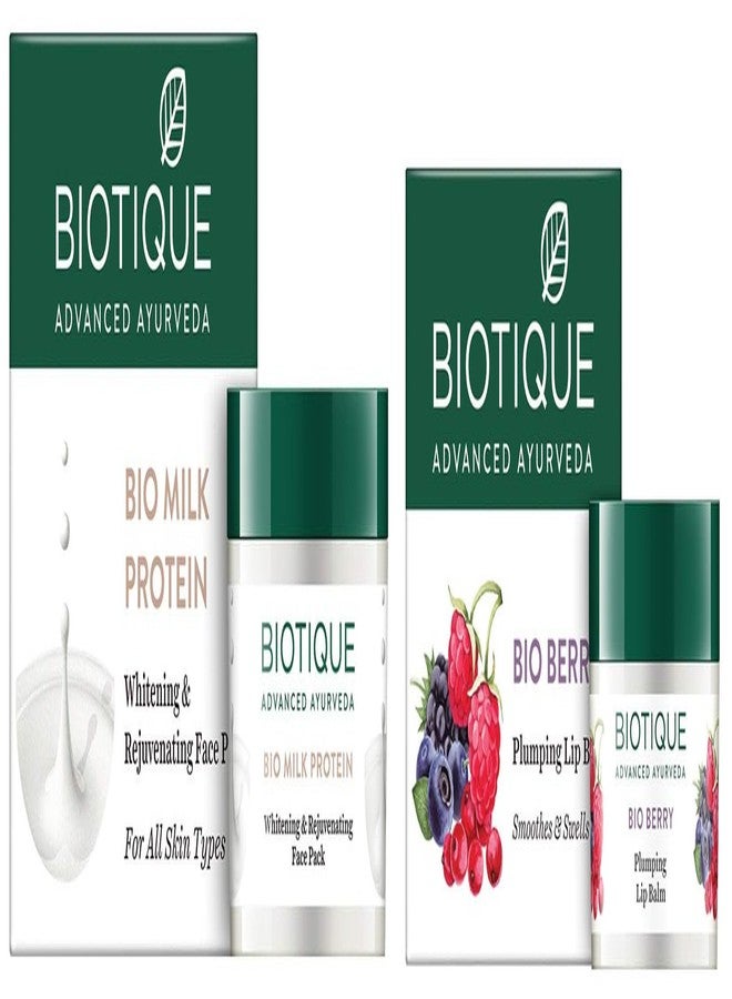 Biotique Bio Berry Plumping Lip Balm Smoothes & Swells Lips, 12G & Biotique Bio Milk Protein Whitening & Rejuvenating Face Pack For All Skin Types, 50G - Image 1