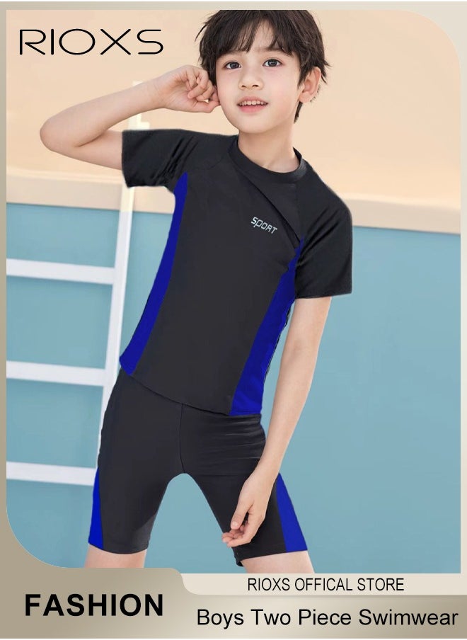 RIOXS Boys Two Piece Rash Guard Short Sleeve Swimsuit Kid Water Sport Swimwear Sun Protection Bathing Suits With Shorts  - Image 1