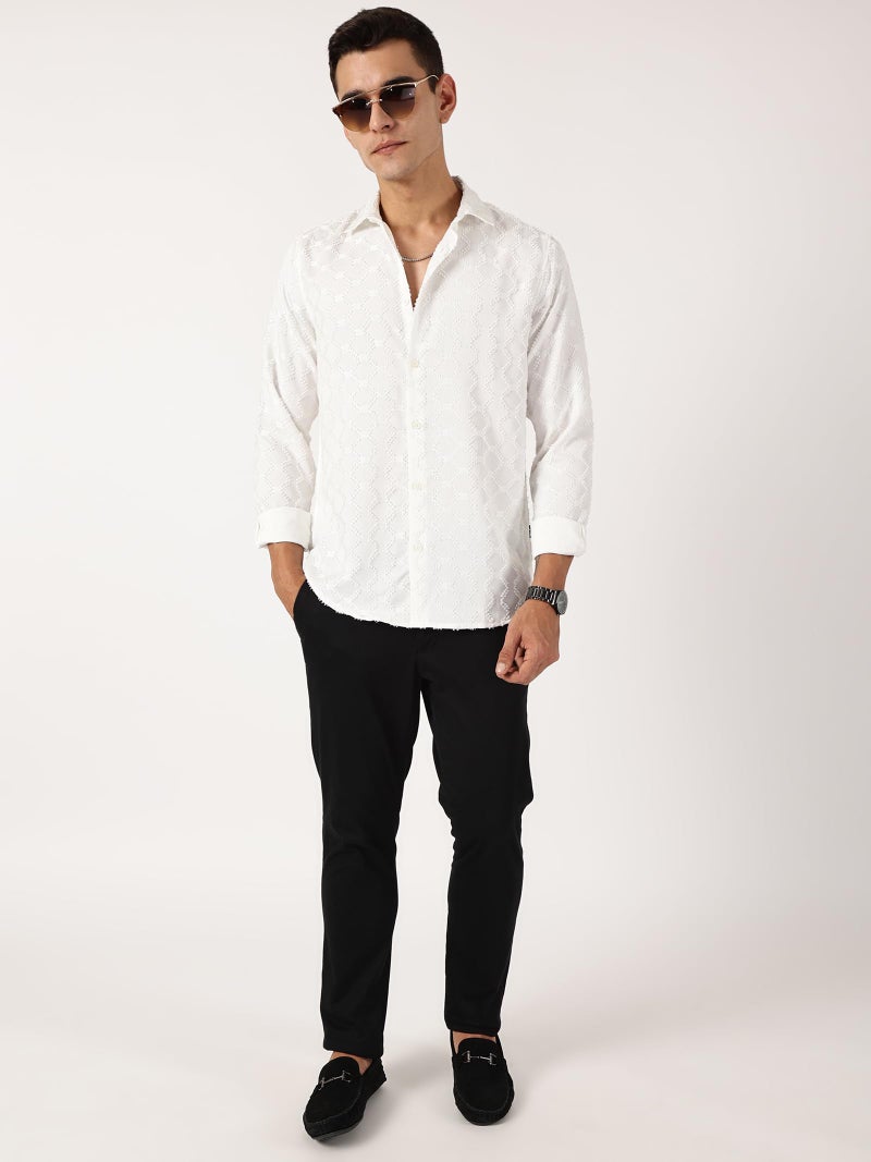 Thomas Scott Mens Slim Fit Full Sleeves Textured Polyester Blend Casual Shirt (TS1707_White, L) - Image 4