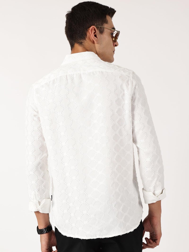 Thomas Scott Mens Slim Fit Full Sleeves Textured Polyester Blend Casual Shirt (TS1707_White, L) - Image 3