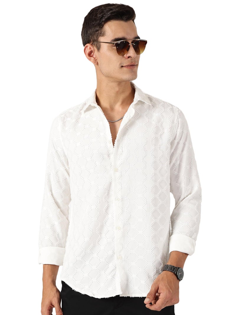 Thomas Scott Mens Slim Fit Full Sleeves Textured Polyester Blend Casual Shirt (TS1707_White, L) - Image 1