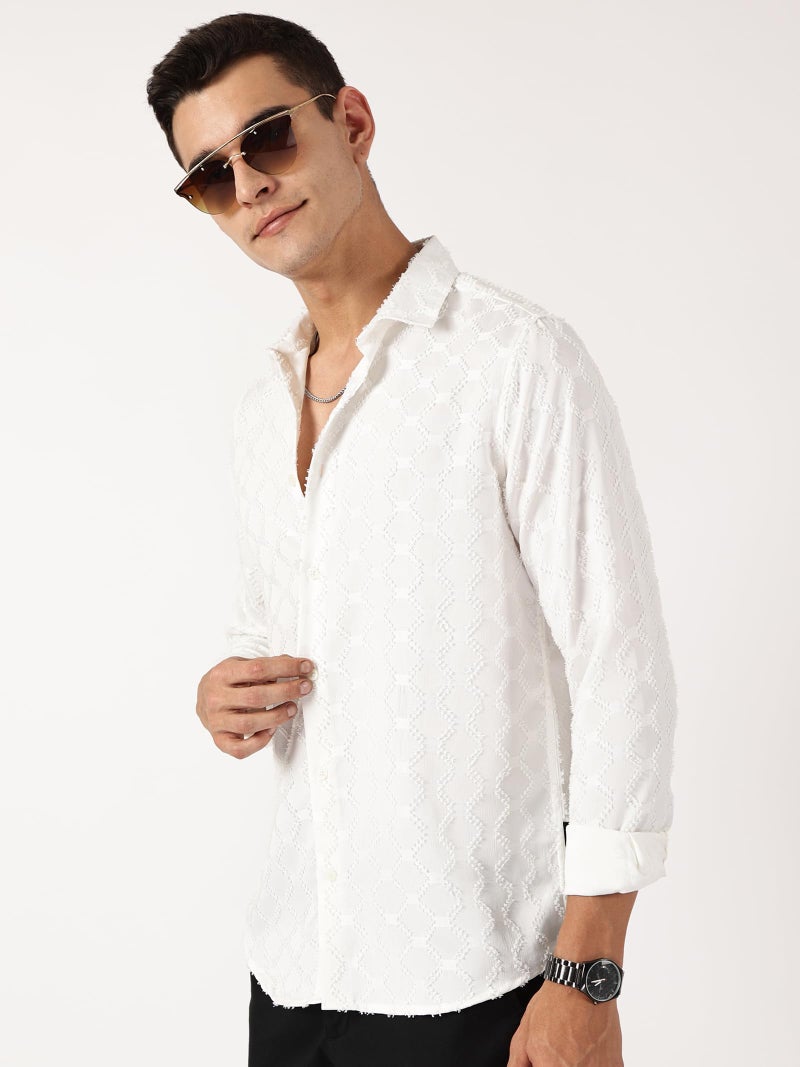 Thomas Scott Mens Slim Fit Full Sleeves Textured Polyester Blend Casual Shirt (TS1707_White, L) - Image 2