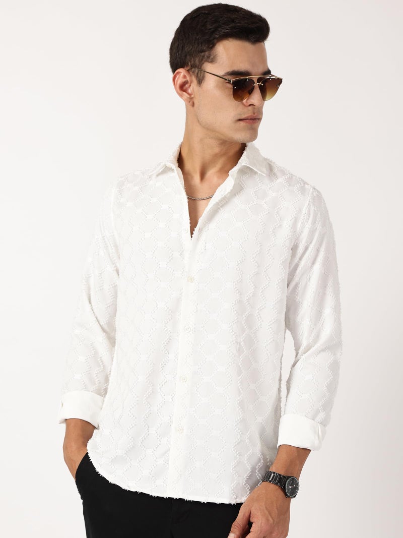 Thomas Scott Mens Slim Fit Full Sleeves Textured Polyester Blend Casual Shirt (TS1707_White, L) - Image 5