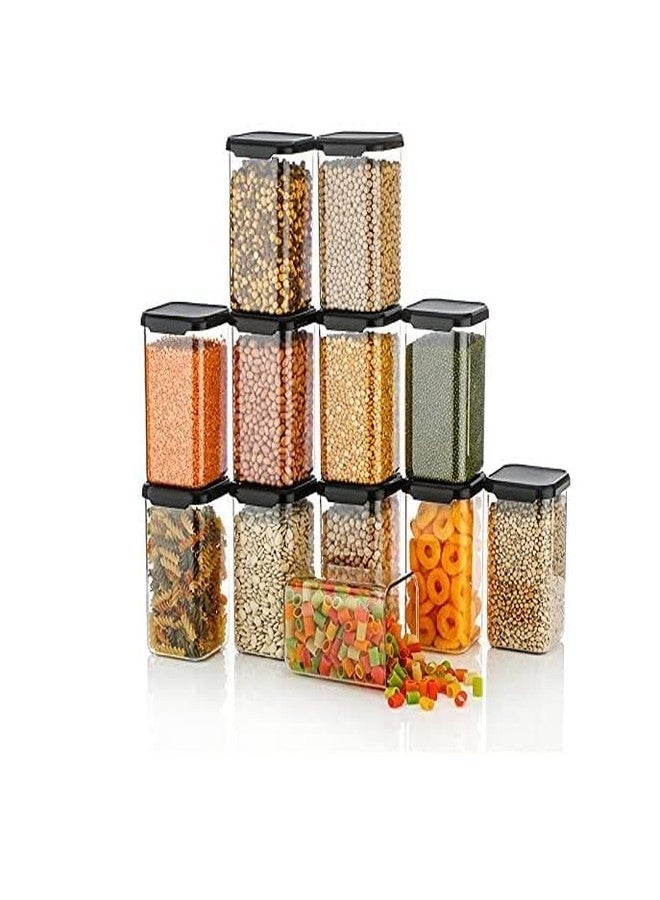 Kitchenwell 1100 ML Easy Flow Cereal Dispenser Storage Jar, Idle for Kitchen- Storage Box Lid Food Rice Pasta Pulses Container, Square Containers for Kitchen (Black, 1100 ML, Pack of 12) - Image 1