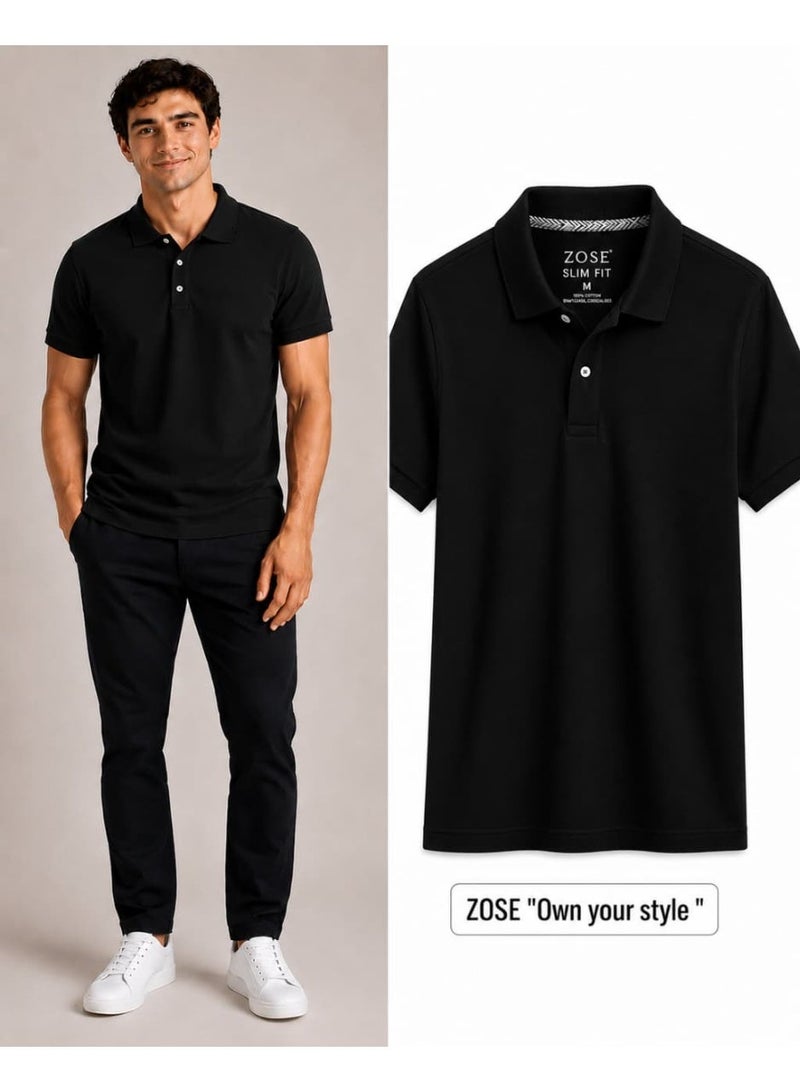 ZOSE Men's Black Slim-Fit Polo T-Shirt with Button Closure - Image 1