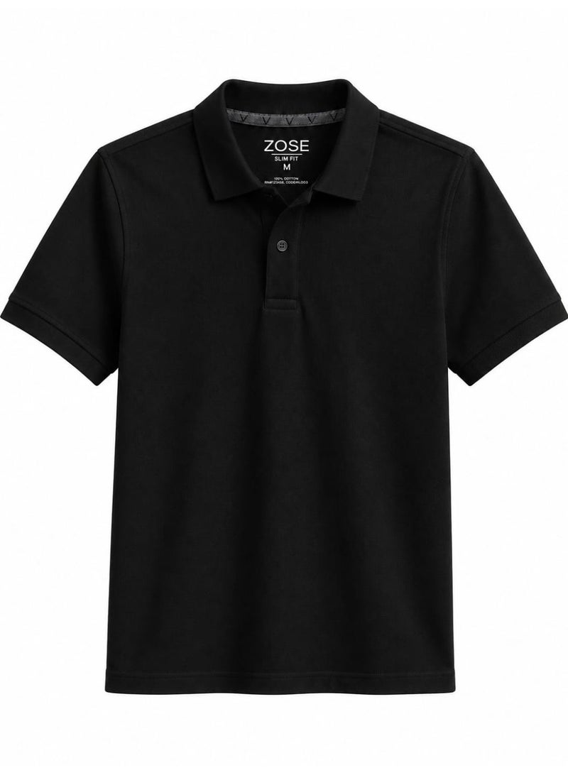 ZOSE Men's Black Slim-Fit Polo T-Shirt with Button Closure - Image 3