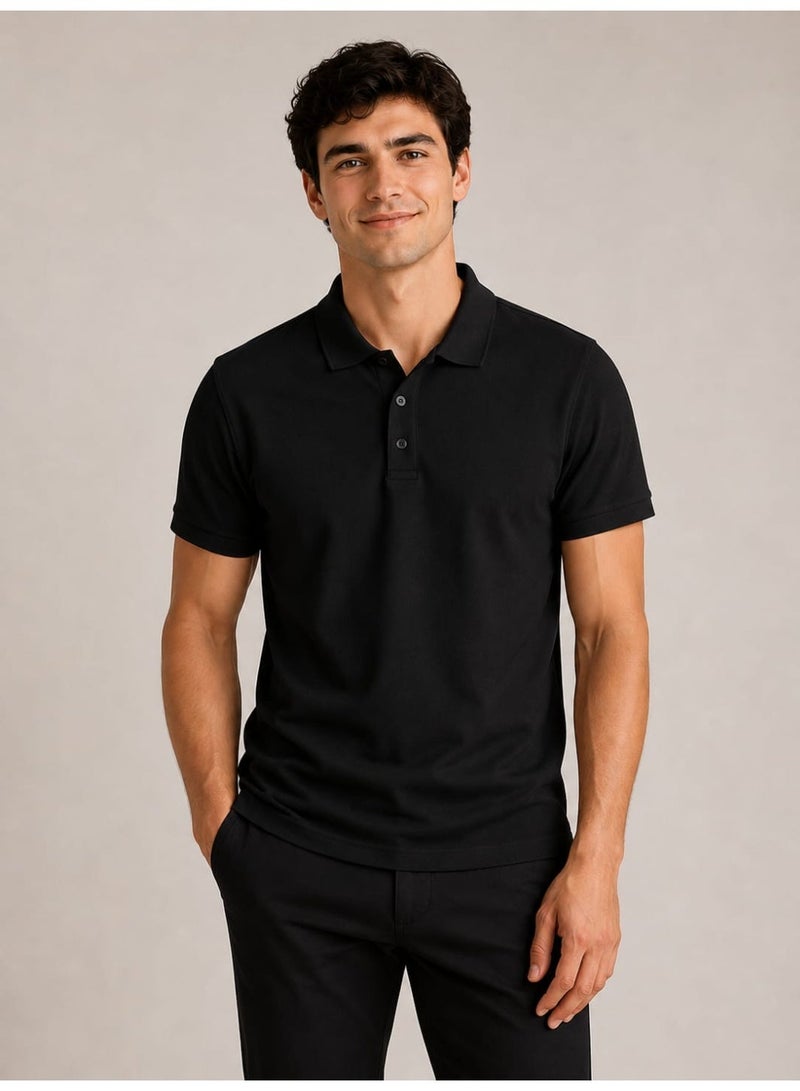 ZOSE Men's Black Slim-Fit Polo T-Shirt with Button Closure - Image 2