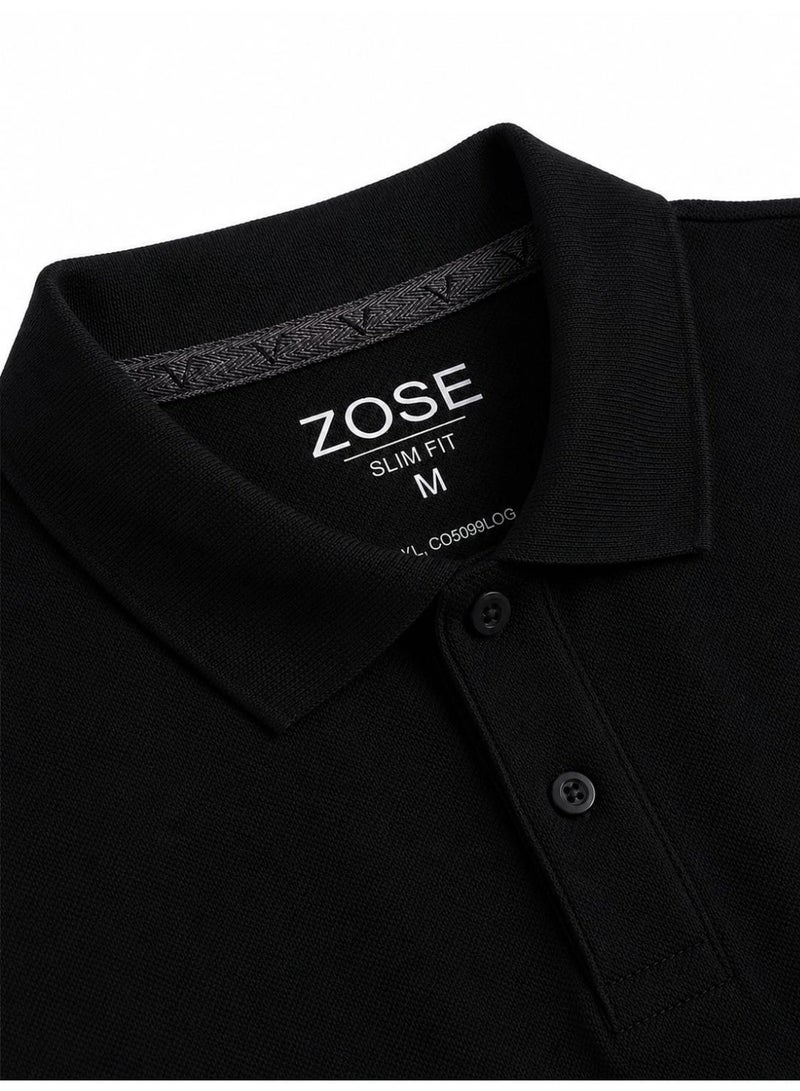 ZOSE Men's Black Slim-Fit Polo T-Shirt with Button Closure - Image 4