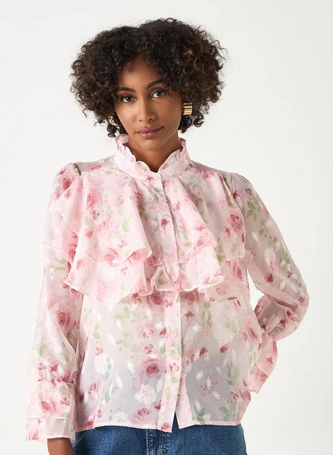 2Xtremz 2Xtremz All-Over Floral Print Top with Long Sleeves and Ruffle Detail