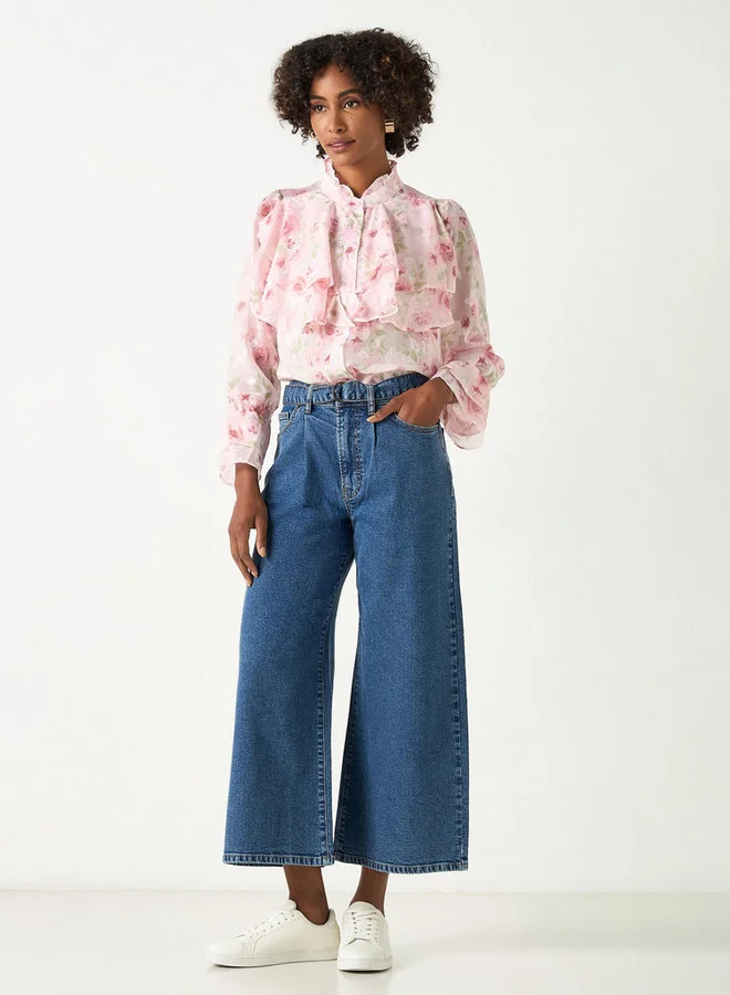 2Xtremz 2Xtremz All-Over Floral Print Top with Long Sleeves and Ruffle Detail