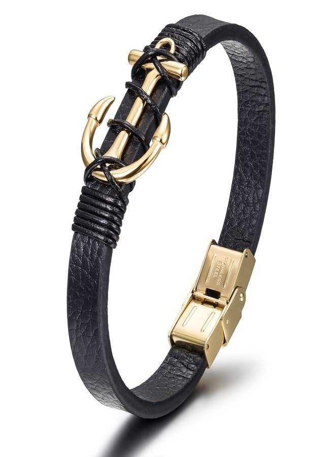 WISTIC Men’s Leather Bracelet with Stainless Steel Anchor, Black Genuine Leather Wristband, Nautical Anchor Bracelet for Men, Fits 7.5-8.5 Inch Wrist, 8.7in Inner Circ. - Image 1