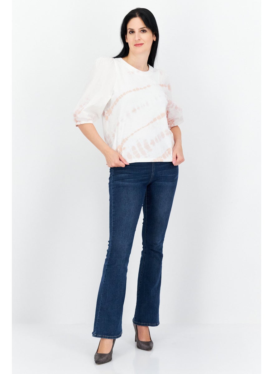 Splendid Women Round Neck Puff Sleeves Ombre Blouse, White Combo  - Image 2