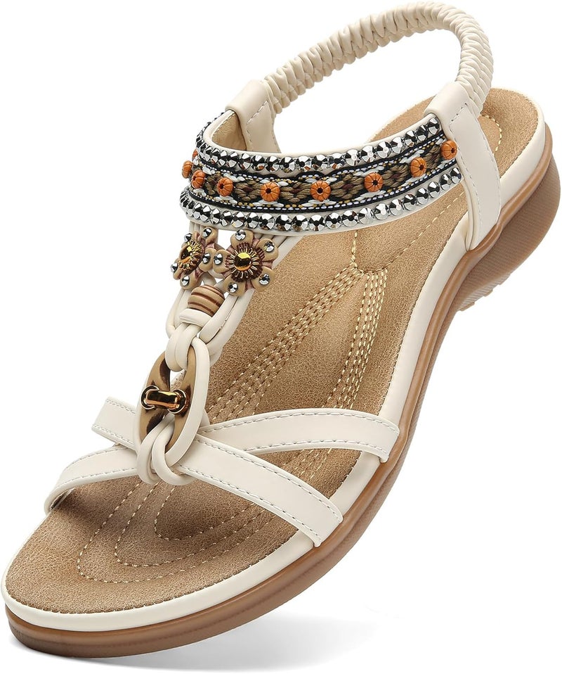 Littleplum Womens Sandals Arch Support Bohemian T-Strap Flower Rhinestone Sandals Women's Non Slip Summer Beach Flat Sandals Cream White Size 9.5 - Image 1
