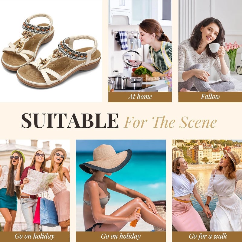 Littleplum Womens Sandals Arch Support Bohemian T-Strap Flower Rhinestone Sandals Women's Non Slip Summer Beach Flat Sandals Cream White Size 9.5 - Image 2