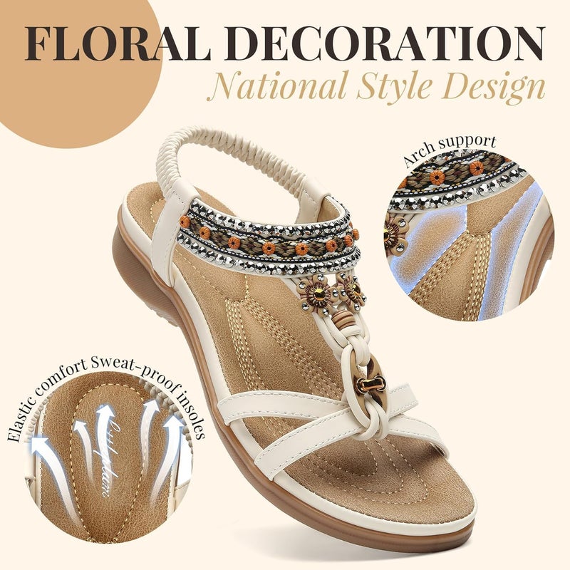 Littleplum Womens Sandals Arch Support Bohemian T-Strap Flower Rhinestone Sandals Women's Non Slip Summer Beach Flat Sandals Cream White Size 9.5 - Image 4