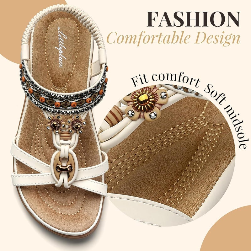Littleplum Womens Sandals Arch Support Bohemian T-Strap Flower Rhinestone Sandals Women's Non Slip Summer Beach Flat Sandals Cream White Size 9.5 - Image 5