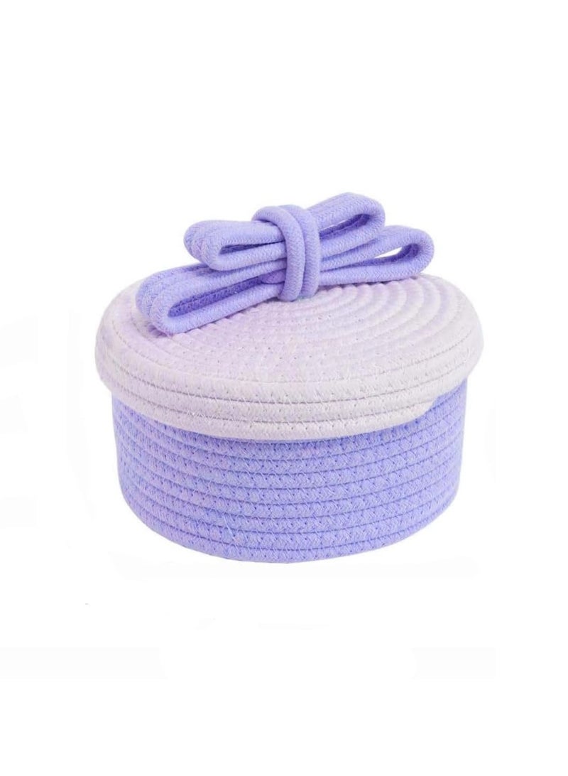 Woven Cotton Rope Storage Basket - Boho Makeup & Accessories Organizer - Round Decorative Bin for Vanity, Bedroom & Nursery - White & purple. - Image 1