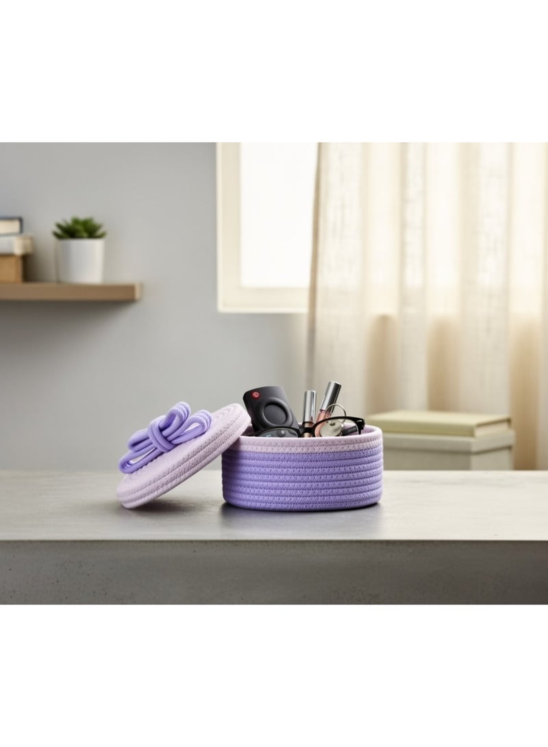 Woven Cotton Rope Storage Basket - Boho Makeup & Accessories Organizer - Round Decorative Bin for Vanity, Bedroom & Nursery - White & purple. - Image 3