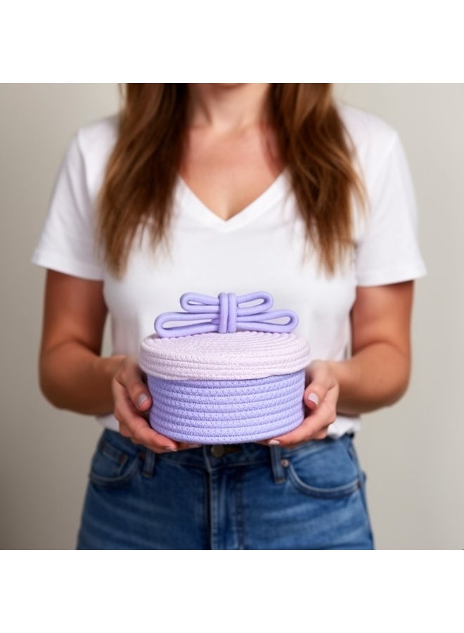 Woven Cotton Rope Storage Basket - Boho Makeup & Accessories Organizer - Round Decorative Bin for Vanity, Bedroom & Nursery - White & purple. - Image 5