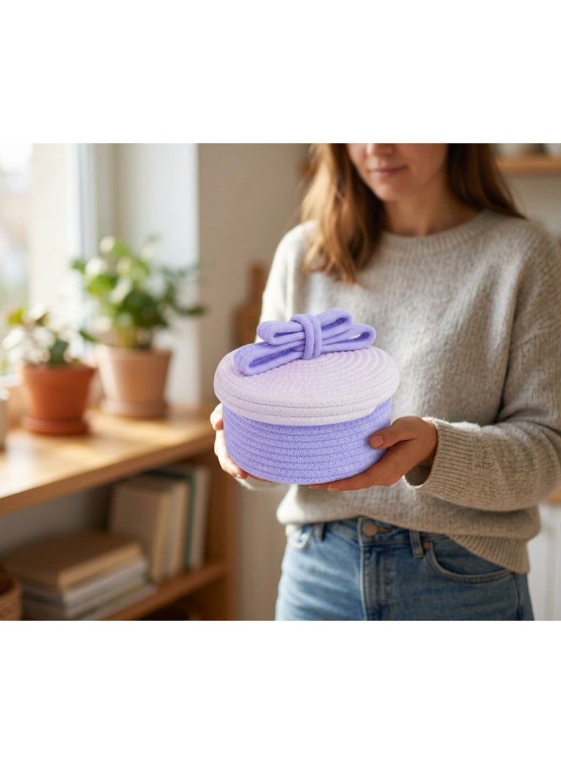Woven Cotton Rope Storage Basket - Boho Makeup & Accessories Organizer - Round Decorative Bin for Vanity, Bedroom & Nursery - White & purple. - Image 4