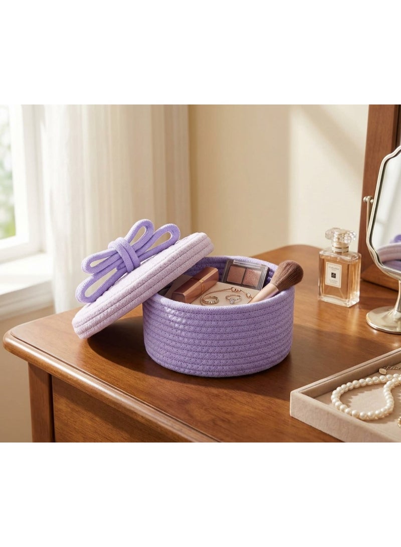 Woven Cotton Rope Storage Basket - Boho Makeup & Accessories Organizer - Round Decorative Bin for Vanity, Bedroom & Nursery - White & purple. - Image 2