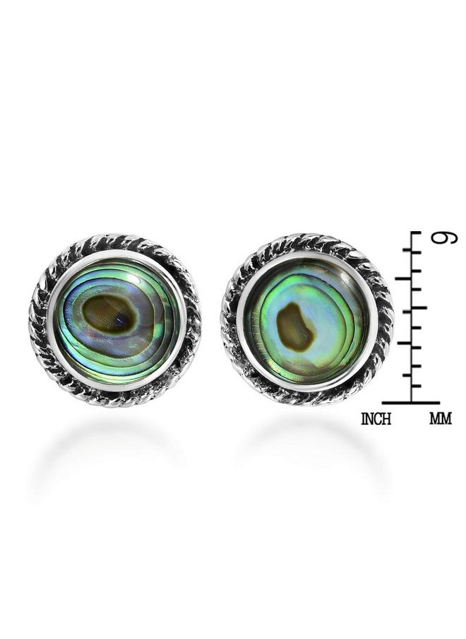 AeraVida Stylish Ocean Inspired Round Abalone Seashell Inlays In Framed .925 Sterling Silver Post Stud Earrings For Unisex Fashion Accessories With A Beach Or Summer Vibe  - Image 4