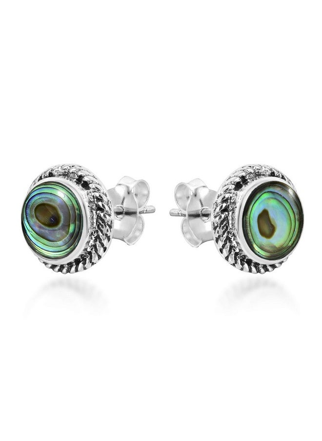 AeraVida Stylish Ocean Inspired Round Abalone Seashell Inlays In Framed .925 Sterling Silver Post Stud Earrings For Unisex Fashion Accessories With A Beach Or Summer Vibe  - Image 2