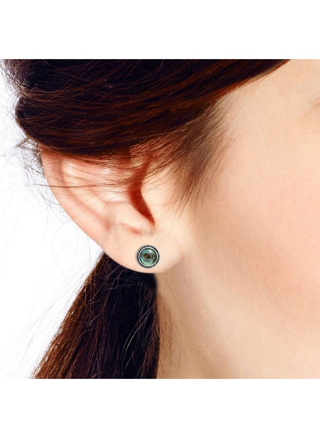 AeraVida Stylish Ocean Inspired Round Abalone Seashell Inlays In Framed .925 Sterling Silver Post Stud Earrings For Unisex Fashion Accessories With A Beach Or Summer Vibe  - Image 5