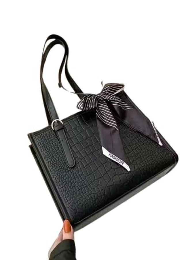 AKSUTI Ladies Shoulder Handbag with Decorative Scarf, Black Faux Leather, Large Tote Style with Long Strap (Black) - Image 1