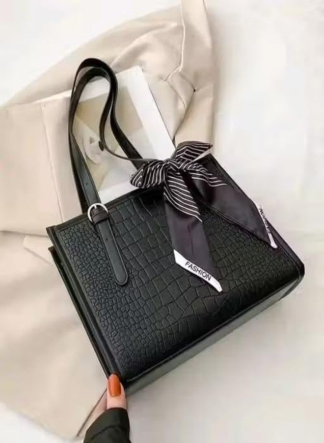 AKSUTI Ladies Shoulder Handbag with Decorative Scarf, Black Faux Leather, Large Tote Style with Long Strap (Black) - Image 3