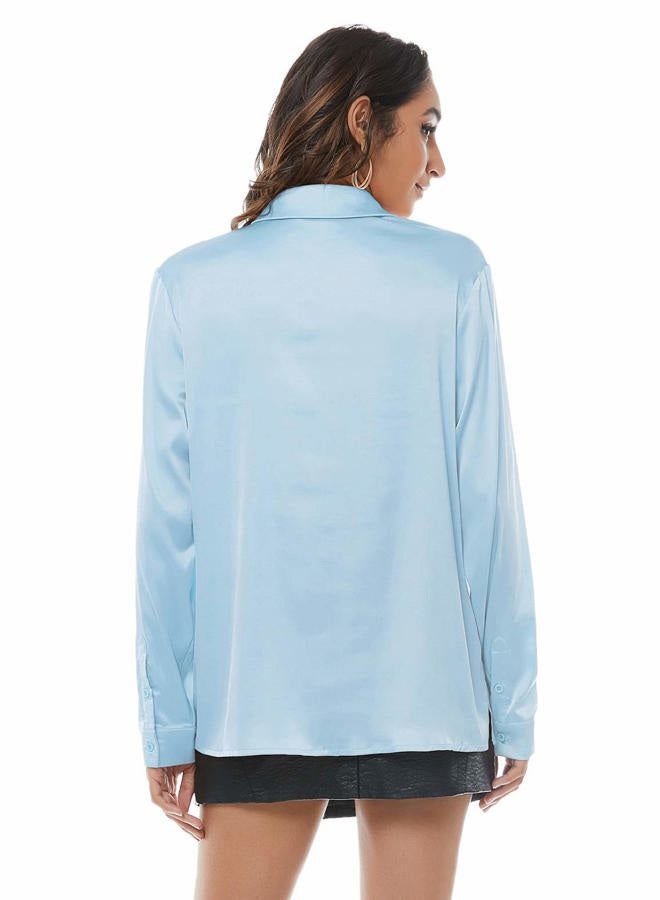 Escalier Women's Silk Blouse Long Sleeve Satin Button Down Shirt Casual Work Office Silky Blouse Top, Light-blue, L - Image 5